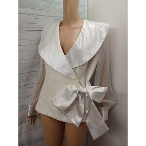 Midnight Velvet Ivory Chiffon Satin Formal Wrap Blouse Top Bow Sz S Long Sleeve
